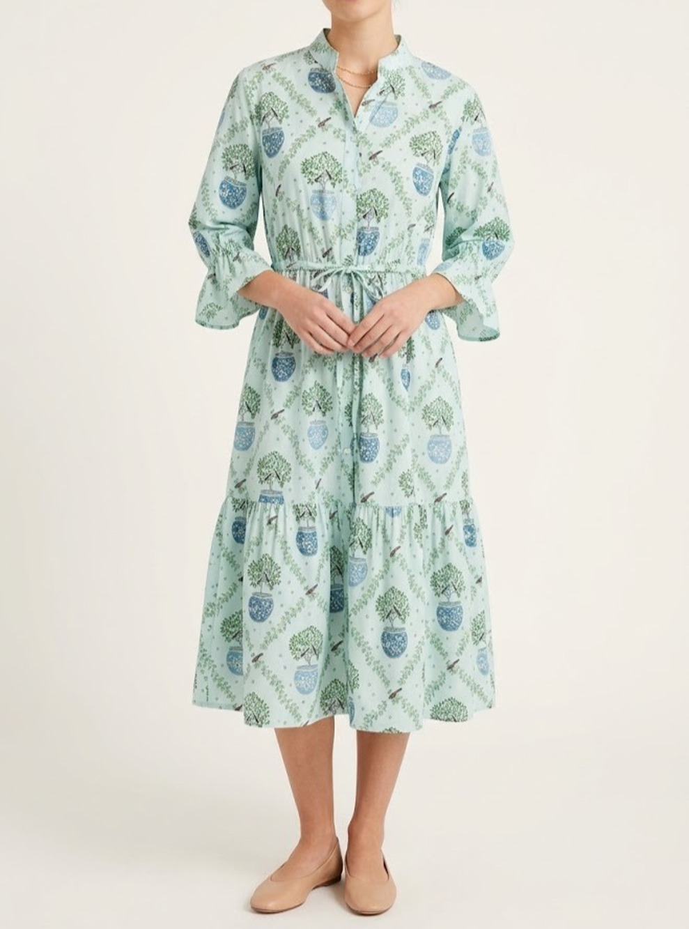 Marigold Light Green Blue Topiary Ruffle Sleeve Dress Small